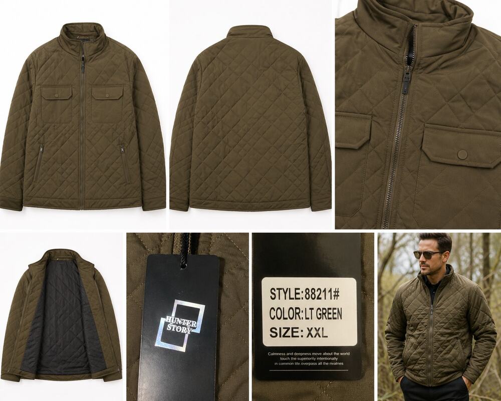 Hunter Story Men's Quilted Utility Jacket Olive Green Full Zip Coat